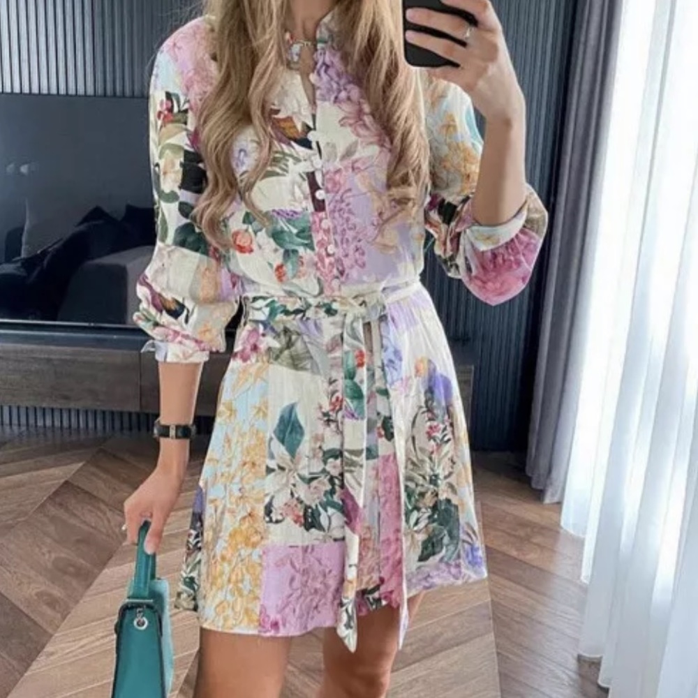 Zara multicolored print floral dress pink white - Picture 4 of 16